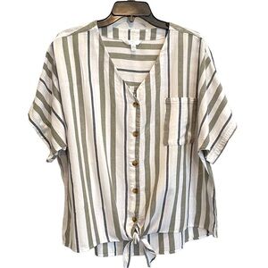 Time & Tru Button Up Shirt Size Large Green & Navy V Neck Short Sleeve Top